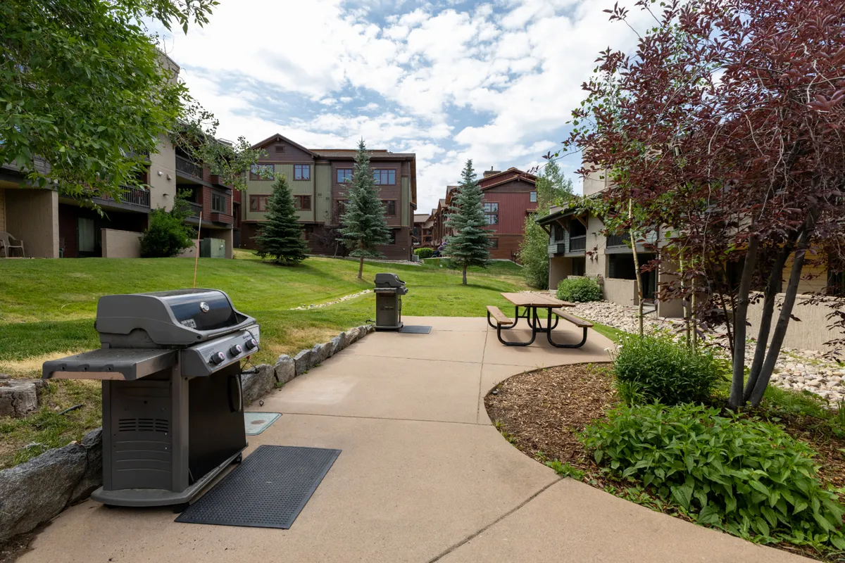 A lush outdoor yard bordered by trees, with a picnic table and grill set on green grass. The space is inviting for both summer activities and social gatherings, with plenty of room for play or relaxation.